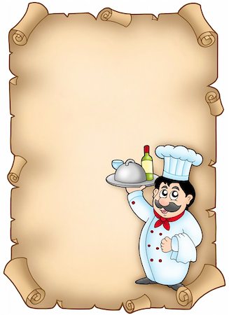 people carrying lunch - Chef holding meal on parchment - color illustration. Stock Photo - Budget Royalty-Free & Subscription, Code: 400-04154429