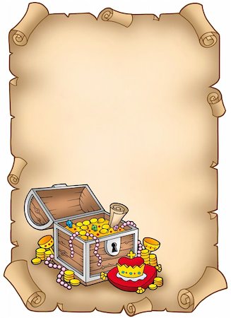 simsearch:400-06091829,k - Parchment with big treasure chest - color illustration. Fotografie stock - Microstock e Abbonamento, Codice: 400-04154437