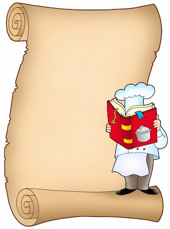 recipes paper - Parchment with chef and book - color illustration. Foto de stock - Super Valor sin royalties y Suscripción, Código: 400-04154438