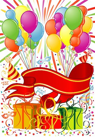 red and yellow confetti - Party Frame with Balloon, streamer, banner, carnival mask and hat, element for design, vector illustration Stock Photo - Budget Royalty-Free & Subscription, Code: 400-04154842