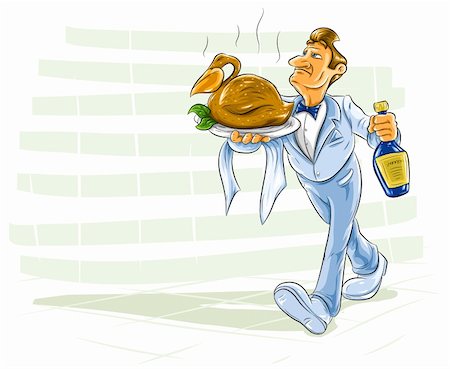 waiter carriyng a dish with cooked bird and bottle of drink - vector illustration Stock Photo - Budget Royalty-Free & Subscription, Code: 400-04154897