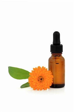 simsearch:400-07175956,k - Marigold flower and aromatherapy essential oil glass dropper bottle, over white background. Stock Photo - Budget Royalty-Free & Subscription, Code: 400-04155534