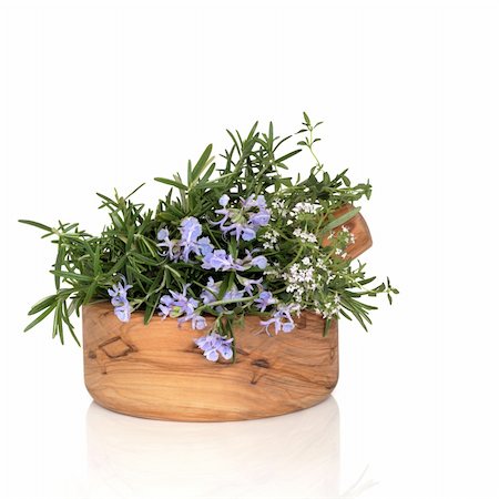simsearch:400-04348087,k - Rosemary and thyme herbs in flower with leaf sprigs in an olive wood mortar with pestle, over white background. Stock Photo - Budget Royalty-Free & Subscription, Code: 400-04155533