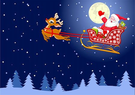 rudolf - Vector background with  Santa Claus flying his sleigh through the night sky.  Layered file for easier editing. Fotografie stock - Microstock e Abbonamento, Codice: 400-04155552