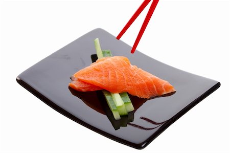 simsearch:400-08070549,k - Japanese sushi dish called Salmon Sashimi.  Shot on white background. Stockbilder - Microstock & Abonnement, Bildnummer: 400-04155603