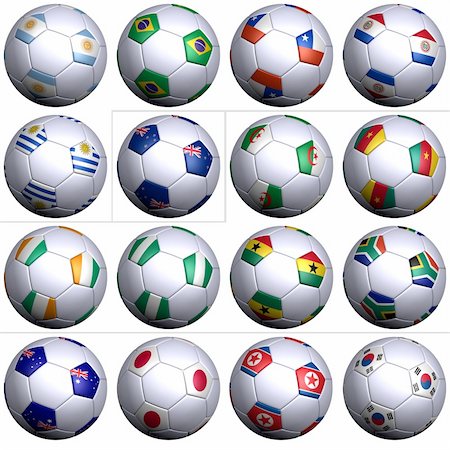 simsearch:400-04155683,k - Sixteen soccer balls of Nations competing in the Soccer World cup in South Africa 2010. South America with five teams, Oceania,  Africa with six teams, and Asia with four teams in alphabetical order. Stock Photo - Budget Royalty-Free & Subscription, Code: 400-04155683