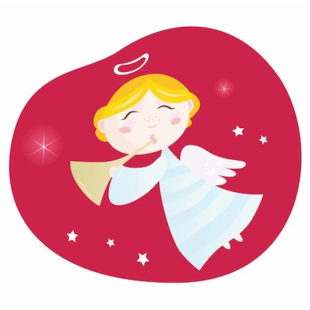 Cute christmas angel with trumpet on dark red background – symbol of love and christianity. Vector Illustration. Photographie de stock - Aubaine LD & Abonnement, Code: 400-04155925