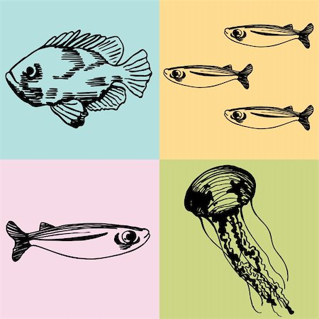 simsearch:400-04160980,k - Set of 4 different drawings of sea creatures. Stock Photo - Budget Royalty-Free & Subscription, Code: 400-04156049