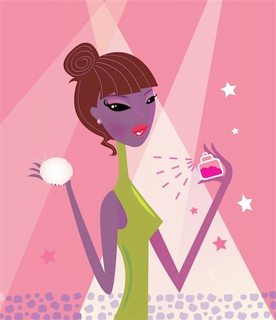 Beautiful woman with make-up powder and parfum flacon. Vector Illustration. Stock Photo - Budget Royalty-Free & Subscription, Code: 400-04156280