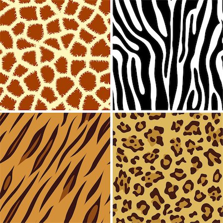 Four seamless tiling animal print giraffe, zebra, tiger and leopard, vector illustration Stock Photo - Budget Royalty-Free & Subscription, Code: 400-04156952