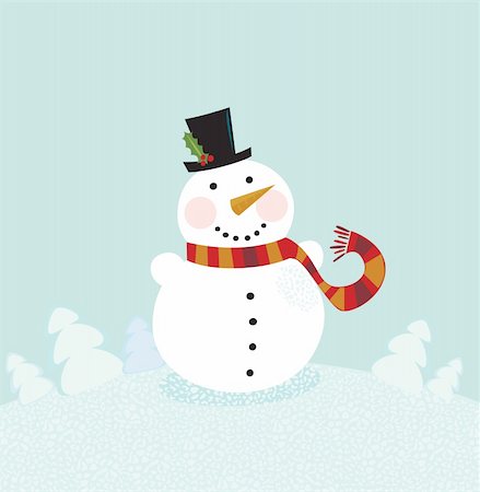 simsearch:400-05693542,k - Cute snowman in christmas snowy nature. Vector cartoon illustration. Photographie de stock - Aubaine LD & Abonnement, Code: 400-04157062