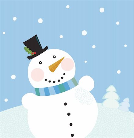 simsearch:400-05693542,k - Cute snowman in christmas snowy nature. Vector cartoon illustration. Photographie de stock - Aubaine LD & Abonnement, Code: 400-04157187