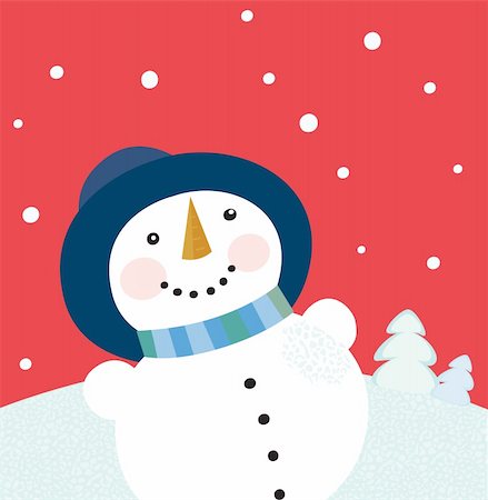 Cute snowman on red background. Vector cartoon illustration. Stock Photo - Budget Royalty-Free & Subscription, Code: 400-04157232