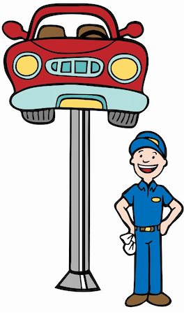 Repairman standing next to a car lifted in the air by a hydraulic lift device in a cartoon style. Stock Photo - Budget Royalty-Free & Subscription, Code: 400-04157334