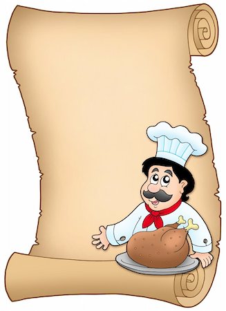 simsearch:400-06098950,k - Scroll with chef with roasted meat - color illustration. Photographie de stock - Aubaine LD & Abonnement, Code: 400-04157379