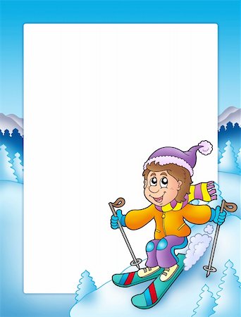skiing mountain cartoon drawing - Frame with cartoon skiing boy - color illustration. Stock Photo - Budget Royalty-Free & Subscription, Code: 400-04157797