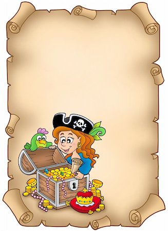 simsearch:400-06091829,k - Parchment with pirate girl and treasure - color illustration. Fotografie stock - Microstock e Abbonamento, Codice: 400-04157815