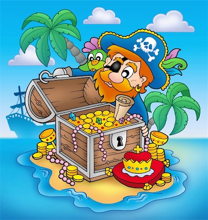 simsearch:400-06091829,k - Pirate and treasure - color illustration. Fotografie stock - Microstock e Abbonamento, Codice: 400-04157816