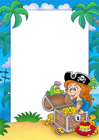 simsearch:400-07317425,k - Frame with pirate girl and treasure - color illustration. Foto de stock - Super Valor sin royalties y Suscripción, Código: 400-04157812