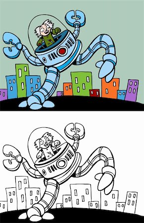 Cartoon image of a mad scientist riding in a giant robot - both color and black / white versions. Stock Photo - Budget Royalty-Free & Subscription, Code: 400-04157879