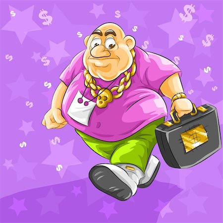 plus size drawing - rich fat businessman with full suitcase of dollars money - vector illustration Stock Photo - Budget Royalty-Free & Subscription, Code: 400-04158112