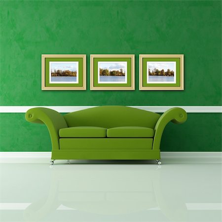 simsearch:400-04156984,k - green interior with three golden frames against stucco wall - the image on wall are my photo (View of Central Park ,London) Stockbilder - Microstock & Abonnement, Bildnummer: 400-04159093
