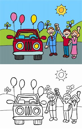 family and new car - Cartoon image of family buying a car - both color and black / white versions. Stock Photo - Budget Royalty-Free & Subscription, Code: 400-04159810
