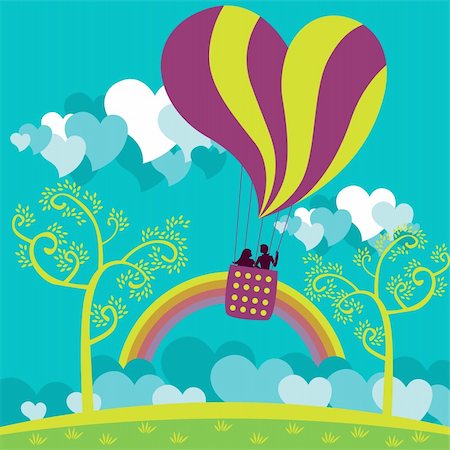 simsearch:400-04789565,k - Vector illustration from my Love Collection. Lovers taking a romantic trip in a hot air balloon. Stockbilder - Microstock & Abonnement, Bildnummer: 400-04150079