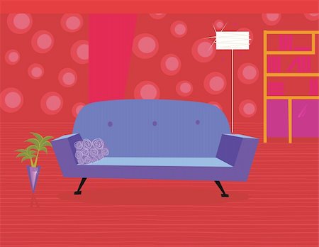 Livingroom with sofa and bookcase. Vector illustration in vintage style. Foto de stock - Super Valor sin royalties y Suscripción, Código: 400-04150094