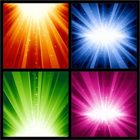 4 different light bursts with magic stars in 4 interchangeable color schemes of 7 global color swatches each. Artwork grouped and layered. Foto de stock - Super Valor sin royalties y Suscripción, Código: 400-04150312