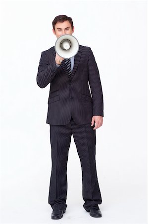simsearch:400-04126489,k - Attractive businessman shouting through a megaphone agaisnt white Stock Photo - Budget Royalty-Free & Subscription, Code: 400-04150474