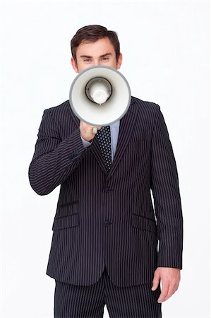 simsearch:400-04126489,k - Young businessman shouting through a megaphone agaisnt white Stock Photo - Budget Royalty-Free & Subscription, Code: 400-04150478