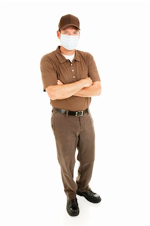 Full body isolated view of a delivery person or other worker wearing a surgical mask to protect from flu. Stock Photo - Budget Royalty-Free & Subscription, Code: 400-04150540