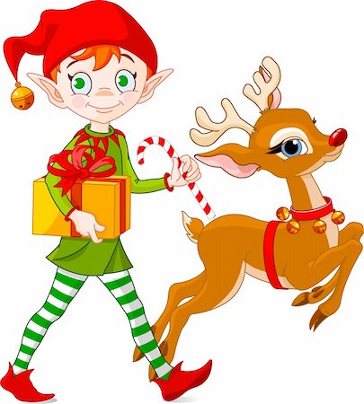 rudolf - Christmas elf carries gifts together with Rudolph The Red-nosed Reindeer Fotografie stock - Microstock e Abbonamento, Codice: 400-04150573