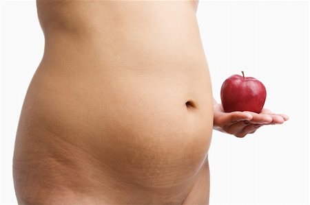 fat belly white background - Overweight woman body holding apple, a concept to started a diet Stock Photo - Budget Royalty-Free & Subscription, Code: 400-04150819