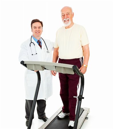 Fit senior man on a treadmill in his doctor's office.  Isolated on white. Stock Photo - Budget Royalty-Free & Subscription, Code: 400-04151318