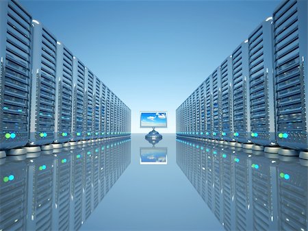 Rows of network computer servers and a flat lcd monitor - 3d render Stock Photo - Budget Royalty-Free & Subscription, Code: 400-04151804