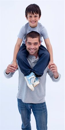 Father giving son piggyback ride against white background Stock Photo - Budget Royalty-Free & Subscription, Code: 400-04152251