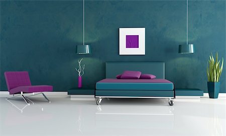 simsearch:400-04156984,k - modern blue bedroom wiyh double bed and chaise lounge Stockbilder - Microstock & Abonnement, Bildnummer: 400-04152705