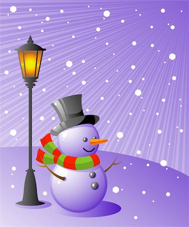 simsearch:400-03947703,k - Snowman stands under a lamp on a snowy evening. EPS 8, AI, JPEG Fotografie stock - Microstock e Abbonamento, Codice: 400-04153067