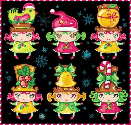 santa claus fruits - Vector set of a cute Christmas girls wearing santa hats and top-hats with holiday decoration: Christmas bird,  glittering star, sweet apple, christmas holly,  golden jingle bell, candy-cane. Isolated on balck background with snowflakes. Stock Photo - Budget Royalty-Free & Subscription, Code: 400-04153210