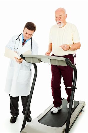 Senior man exercising on a treadmill while his doctor monitors his progress.  Isolated. Stock Photo - Budget Royalty-Free & Subscription, Code: 400-04153226