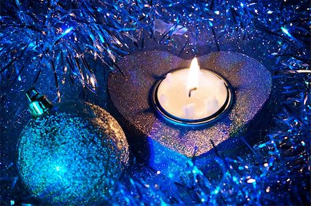 simsearch:400-05695809,k - Blue heart candle and Christmas ball in tinsel Stock Photo - Budget Royalty-Free & Subscription, Code: 400-04153335