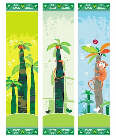 African jungle banners set with palm trees, monkey, snake, birds. With space for your text. Stock Photo - Budget Royalty-Free & Subscription, Code: 400-04153425