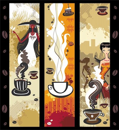 Set of cute banners with copy space.   Beautiful girls, cups of tea or coffee, coffee beans, smoke, urban city landscape, grunge stains and stripes. Stock Photo - Budget Royalty-Free & Subscription, Code: 400-04153421