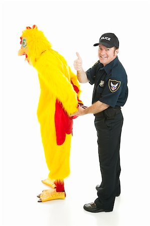 Police officer gives thumbsup.  He has just captured a suspect in a chicken suit.  Isolated on white. Stock Photo - Budget Royalty-Free & Subscription, Code: 400-04153948