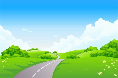 Green landscape with road trees and clouds Stock Photo - Budget Royalty-Free & Subscription, Code: 400-04164929