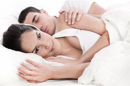 romantic pictures of lovers sleeping - Loving embracing lying couple of woman and sleeping man over white background Stock Photo - Budget Royalty-Free & Subscription, Code: 400-04165094