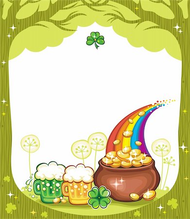 St. Patricks Day frame with trees, pot of gold, beer mugs, clover Stock Photo - Budget Royalty-Free & Subscription, Code: 400-04166999