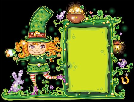simsearch:400-04316567,k - St. Patrick's Day frame with cute  Leprechaun,girl holding Irish flag with place for your text. Foto de stock - Royalty-Free Super Valor e Assinatura, Número: 400-04167008